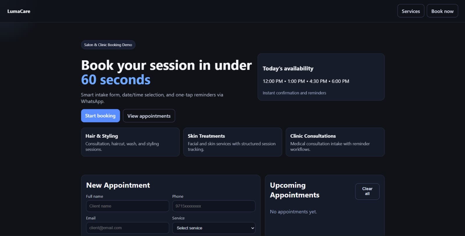 Salon/Clinic Booking Website preview